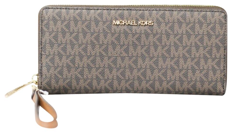 Michael Kors Jet Set Large Continental Travel Clutch Wristlet Wallet [Brown Women's Signature] Brown