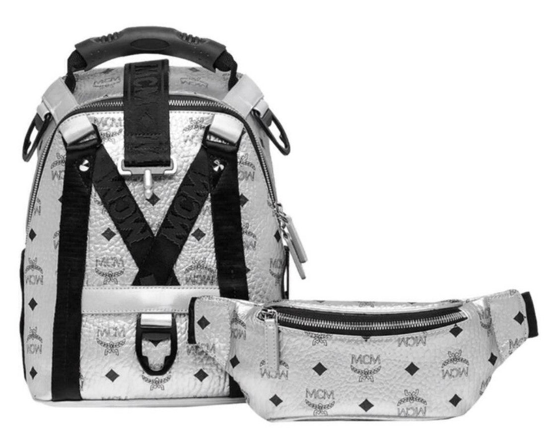 MCM Women's Berlin Silver Metallic Coated Canvas Mini Backpack MUK9SJV23SB001 Silver
