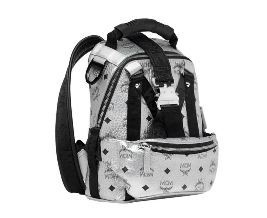 MCM Women's Berlin Silver Metallic Coated Canvas Mini Backpack MUK9SJV23SB001