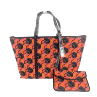 MCM WOmen's Orange/Red Cubic Logo Jacquard Medium Tote Leather Trim MWPCSCK01MT0011