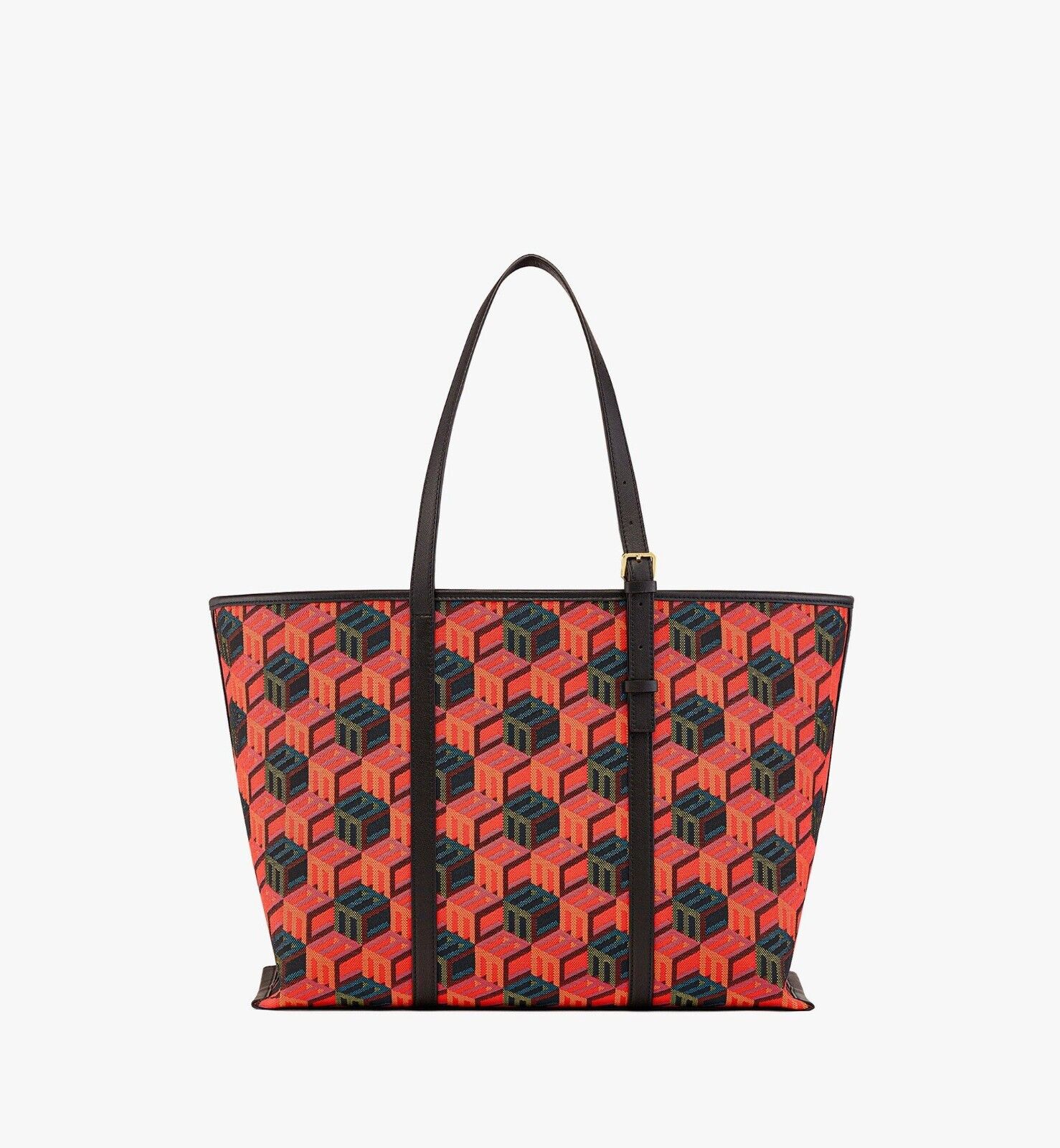 MCM WOmen's Orange/Red Cubic Logo Jacquard Medium Tote Leather Trim MWPCSCK01MT0014