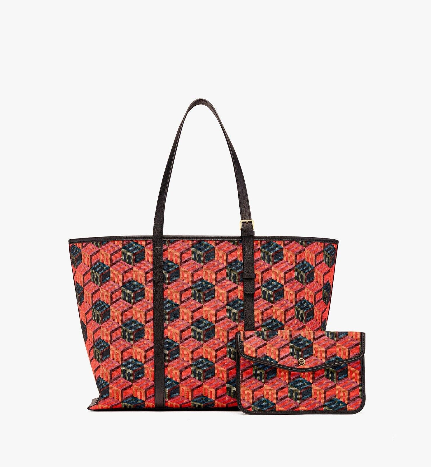 MCM WOmen's Orange/Red Cubic Logo Jacquard Medium Tote Leather Trim MWPCSCK01MT0015