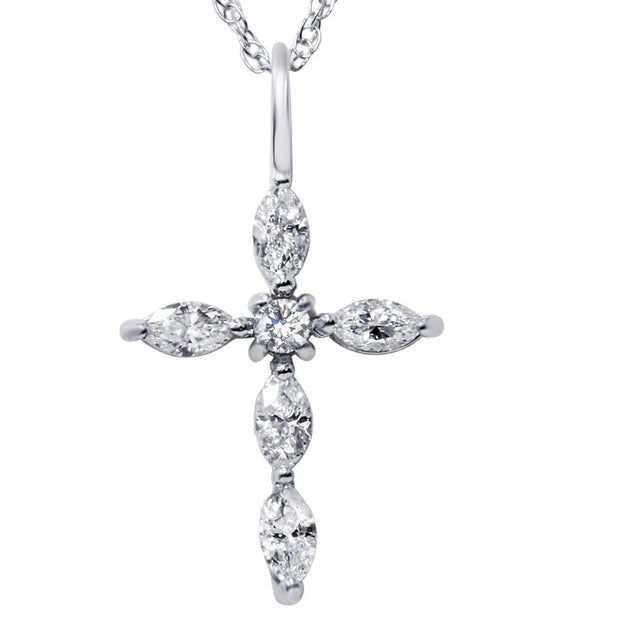 1/3ct Marquise Diamond Cross Pendant 14K White Gold