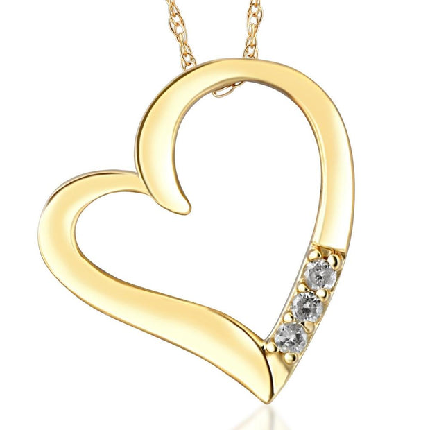 Diamond Heart Pendant Necklace 3-Stone 10K Yellow Gold
