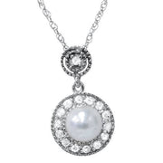 Diamond & Pearl Gatsby Vintage Style Dangle Pendant 14K White Gold