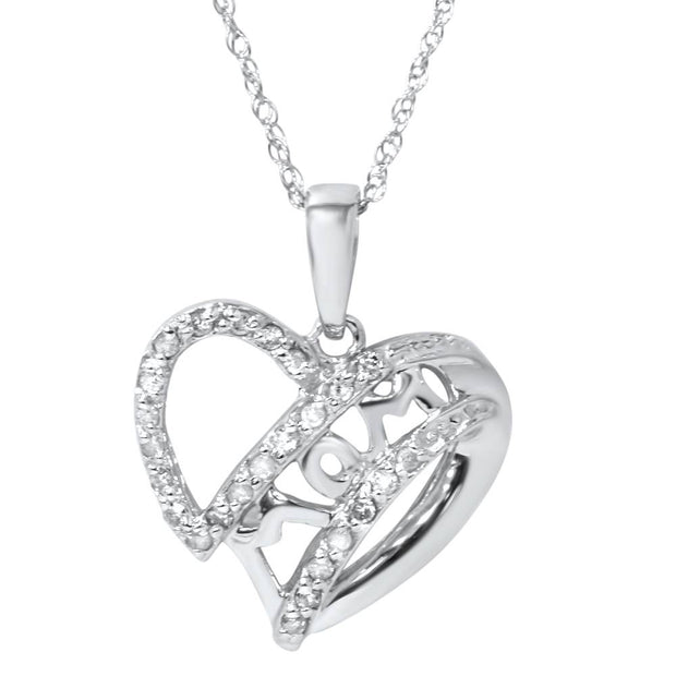 Diamond MOM Heart Pendant in White, Yellow, or Rose Gold Includes 18" Necklace