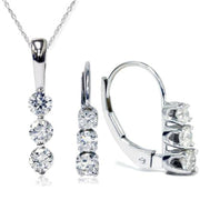 7/8ct 3 Stone Diamond Earrings & Pendant Set 14K White Gold