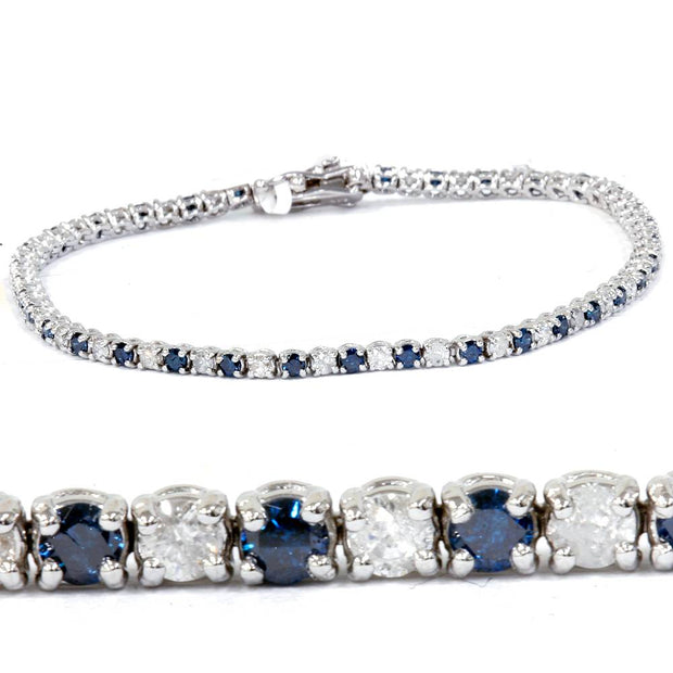 2ct Blue & White Alternating Diamond Tennis Bracelet 14K White Gold 7"